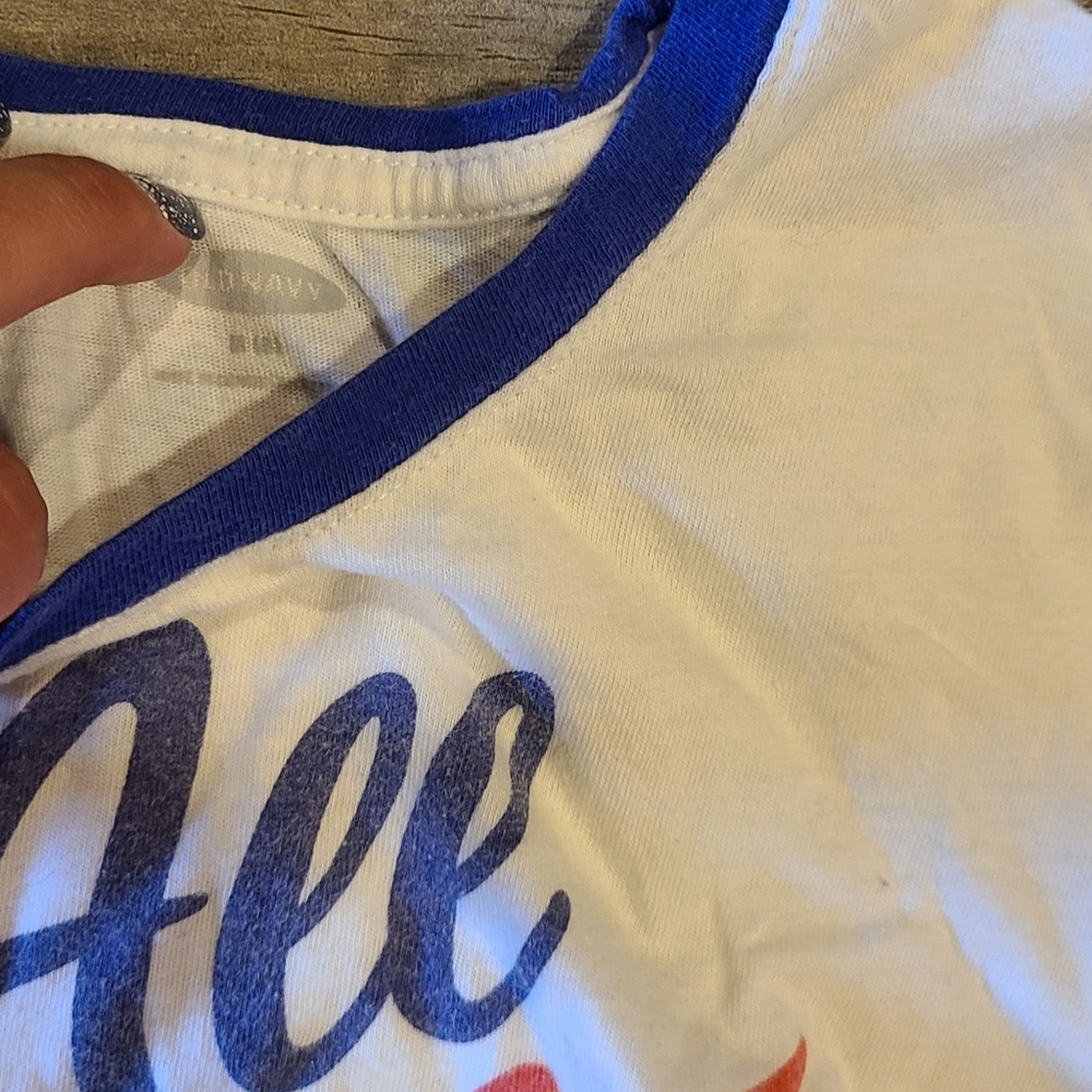 Old Navy White Tee with Blue Collar and Red & Blue Script - Picture 2 of 2